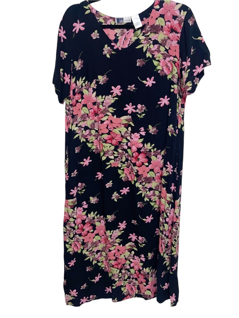 LA Cera Dress Womens Large Black Floral Beaded Rayon Feminine Resort Pockets